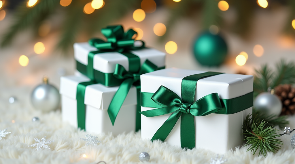 white christmas gifts with emerald ribbon
